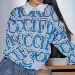 Fiorucci Monogram Logo Med Blue Oversized Organic Cotton Knit Unisex Pullover